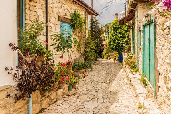 Lania, Cyprus. May 2018. A typical view of the picturesque streets in the traditional village of Lania in Cyprus.