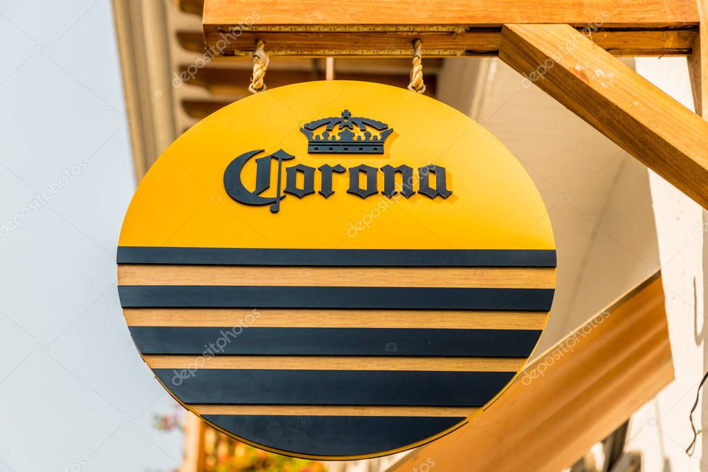 Cartagena Colombia. April 2018. A view of a Corona beer sign in Cartagena Colombia
