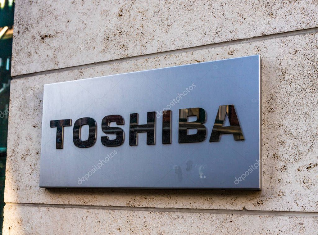London. October 2018. A view of a sign outside the Toshiba office in London