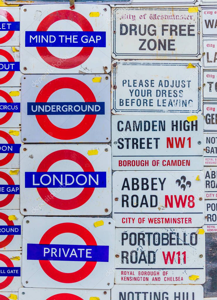London. November 2018. A view of souvenirs for sale at Portobello Road Market in London