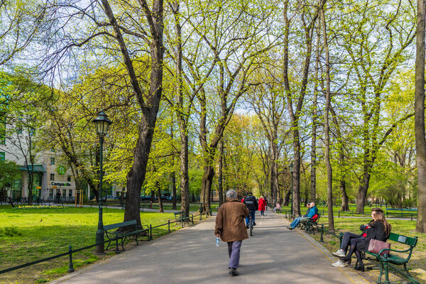 Krakow Poland. April 2019. A view of planty park in the medieval old Town in Krakow