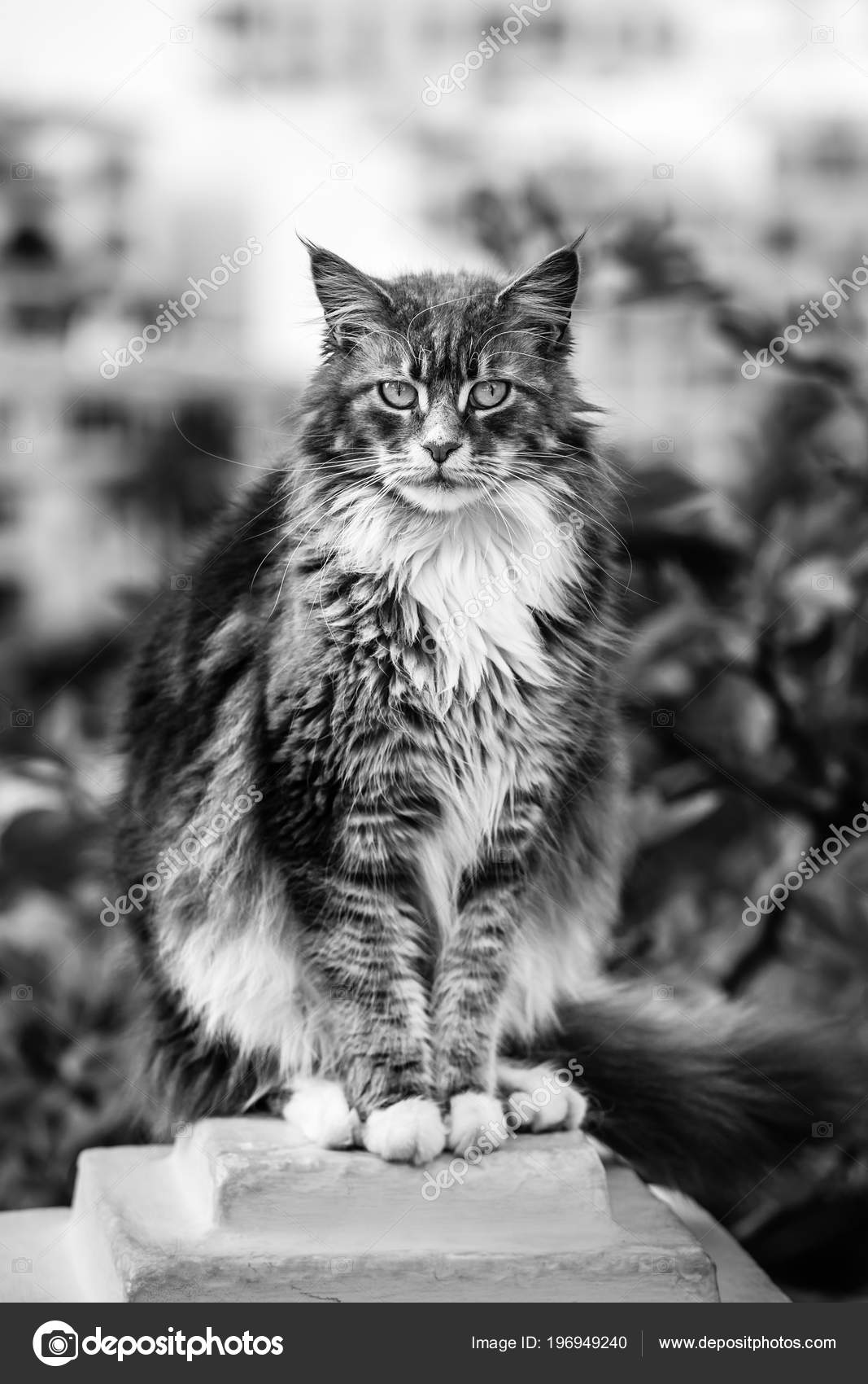 Porträt Der Entzückende Maine Coon Katze Sitzt Auf Einem