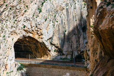 El Caminito del Rey ile tren taş köprü Malaga, İspanya. 