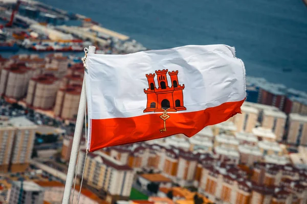 Close Gibraltar Flag Waving Blue Sky — Stock Photo, Image
