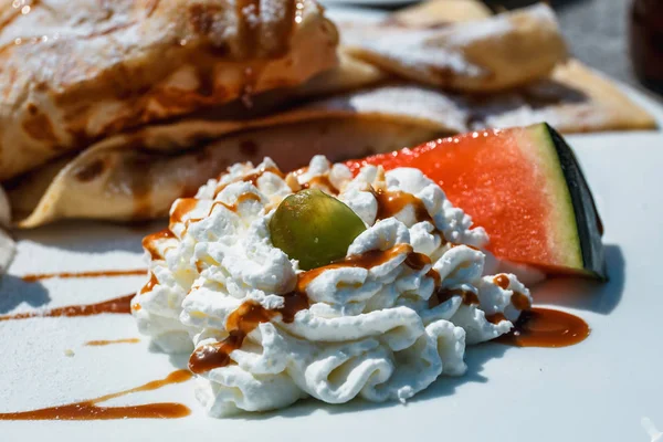 Pancake Apple Filling Decorated Whipped Cream Watermelon — Stock Photo, Image