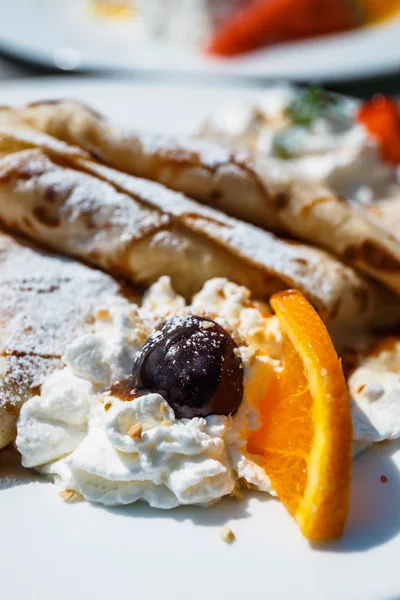 Pancake Apple Filling Decorated Whipped Cream Oranges Cherry — Stock Photo, Image