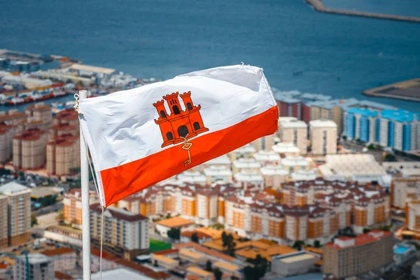 Close Gibraltar Flag Waving Blue Sky — Stock Photo, Image