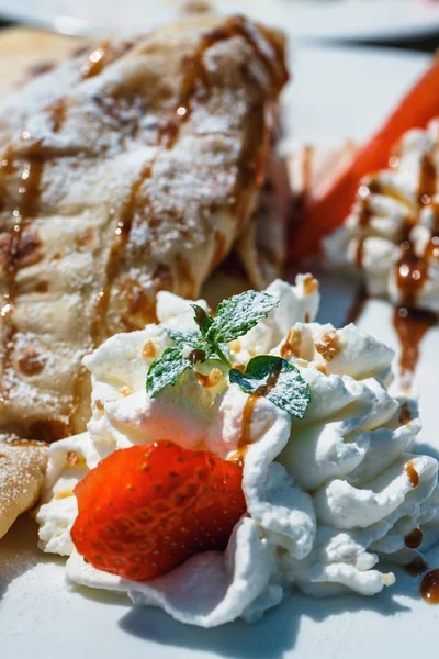 Pancake Apple Filling Decorated Whipped Cream Strawberries Oranges — Stock Photo, Image