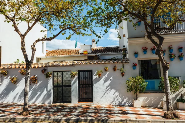 Cephe evin çiçek mavi tencere Mijas, İspanya ile dekore edilmiş