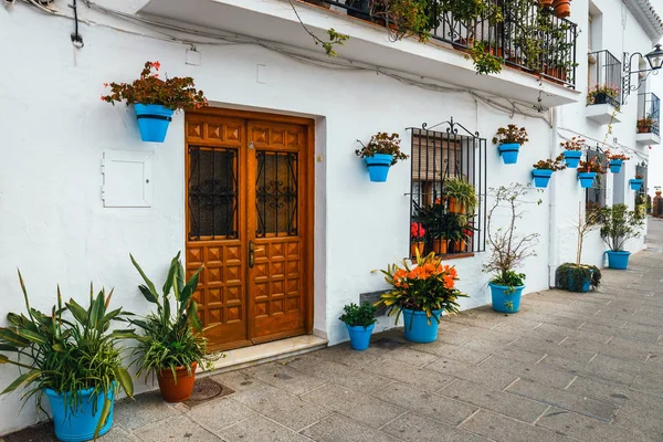 Ingericht Gevel Van Huis Met Bloemen Blauwe Potten Mijas Spanje — Stockfoto