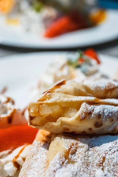 Pancake Apple Filling Decorated Whipped Cream Fresh Fruits — Stock Photo, Image