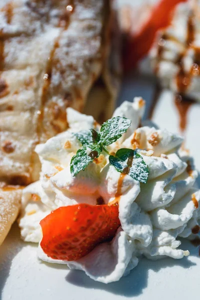 Pancake Apple Filling Decorated Whipped Cream Strawberries Oranges — Stock Photo, Image