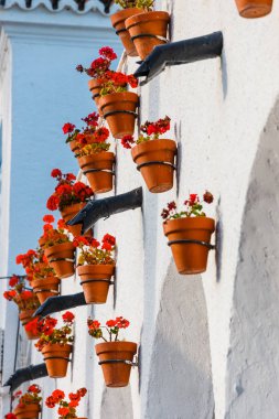 Cephe evin çiçek kırmızı tencere ile dekore edilmiş