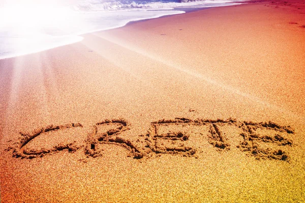 Crete Inscription Sand Sea — Stock Photo, Image