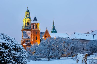 Krakow alacakaranlıkta Wawel Castle. Krakow Polonya en ünlü dönüm noktası biridir