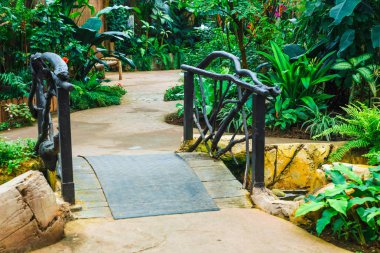 yeşil bir bahçe içinde ahşap kemerli köprü