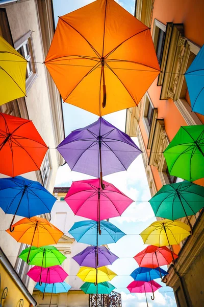 Colorful Floating Umbrellas Street Decoration — Stock Photo, Image