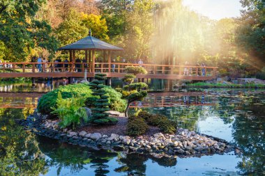 Wroclaw, Polonya, 06 Ekim 2018: Grup bilinmeyen insan dinlenmek Japon Bahçe Wroclaw, Polonya