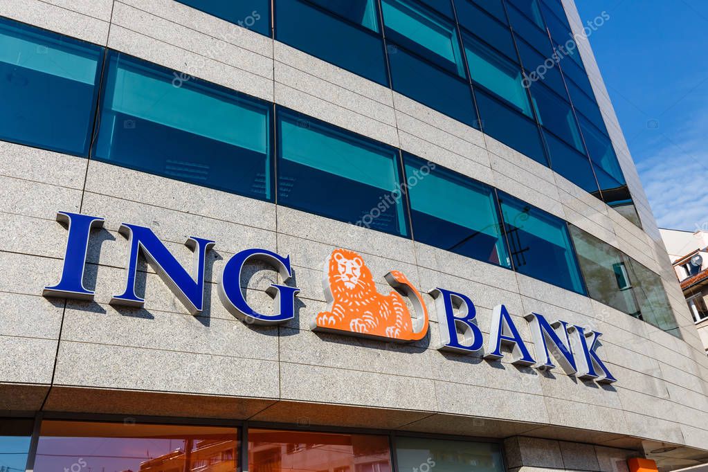 Wroclaw, Poland, October 07, 2018: ING Bank branch entrance.  ING Group is a multinational banking company based in the Netherlands.