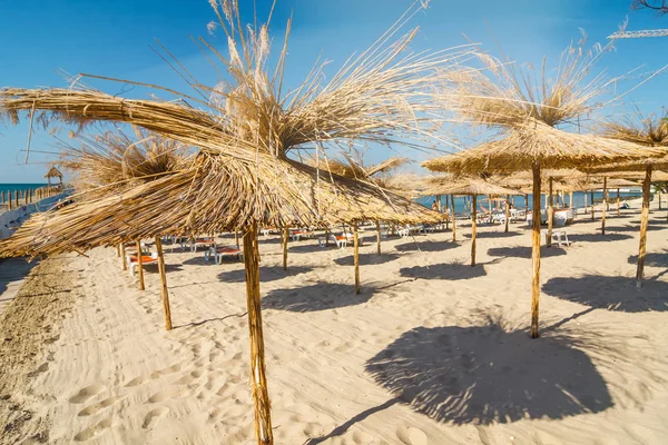 Saman şemsiye boş seaside Beach, Bulgaristan — Stok fotoğraf