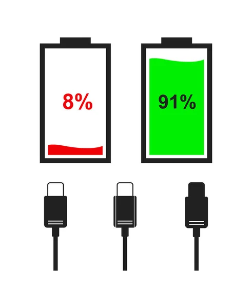 Set of battery indicator icons and charger connector — Stock Vector