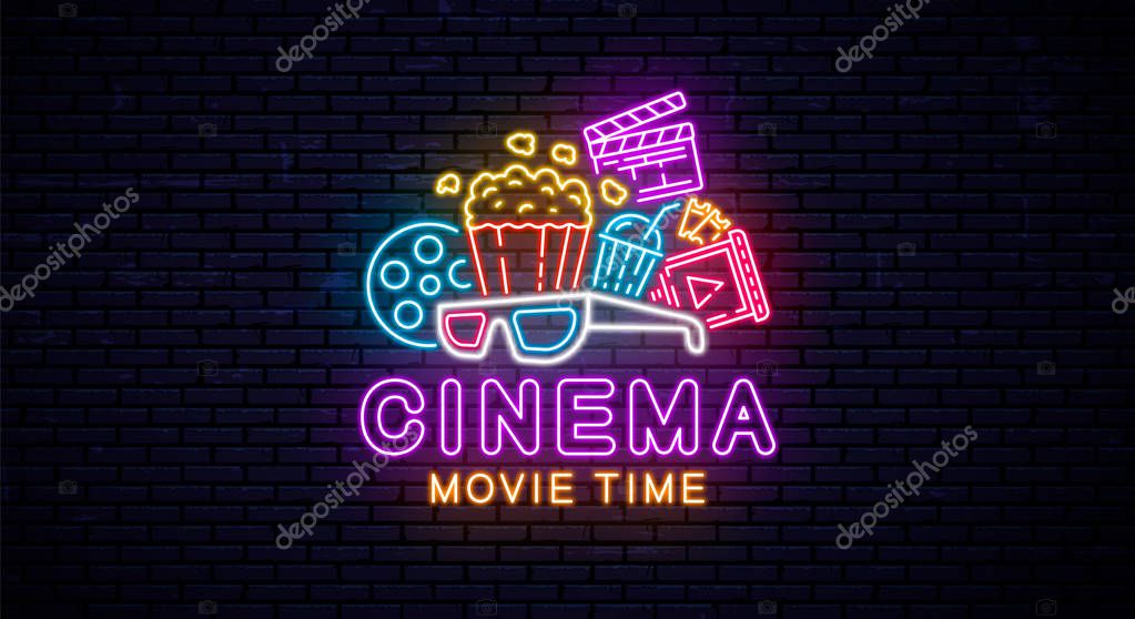Neon sign for cinema. Vector illustration - Vector