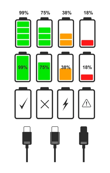 Zestaw ikon wskaźnika baterii a Złącze ładowarki — Wektor stockowy