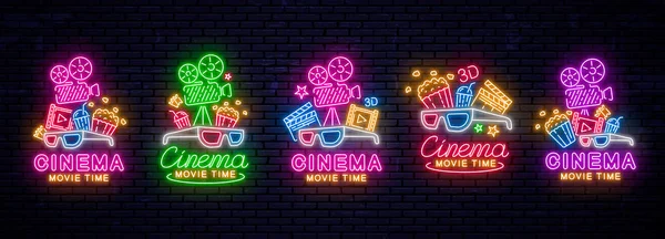 Set of bright neon signs for the cinema — Stock Vector