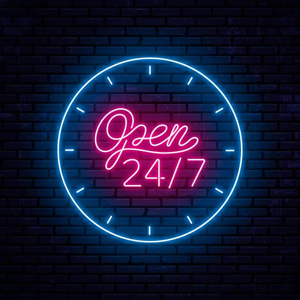 Bela inscrição de néon aberta 24 horas 7 dias por semana —  Vetores de Stock