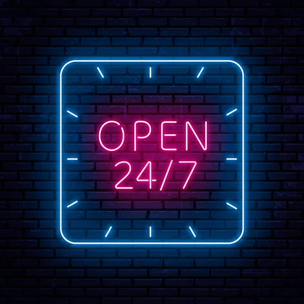 Gyönyörű neon felirat 24 órán át a hét minden napján nyitva — Stock Vector