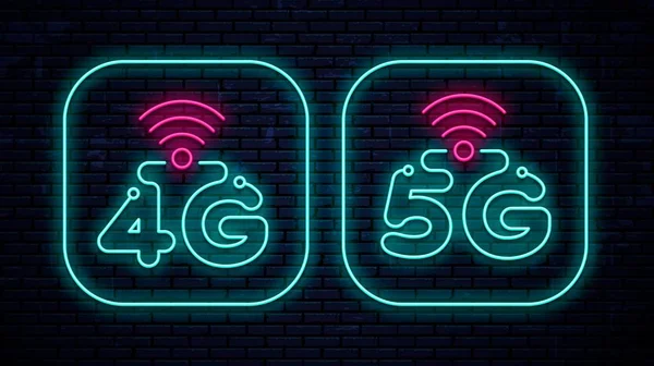 4G dan 5G, lampu neon, ikon - Stok Vektor
