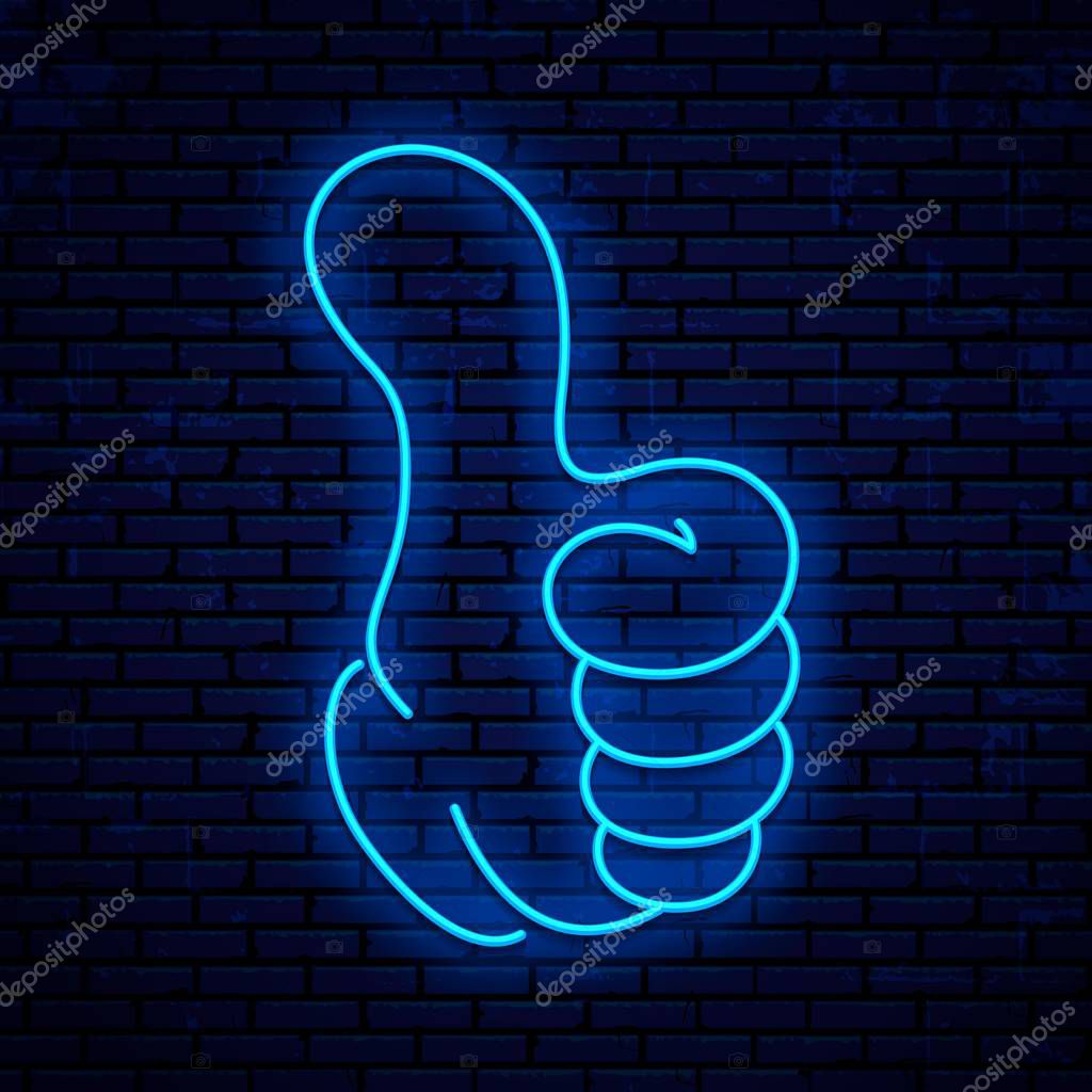 Neon sign thumb up. Gesture meaning i like.
