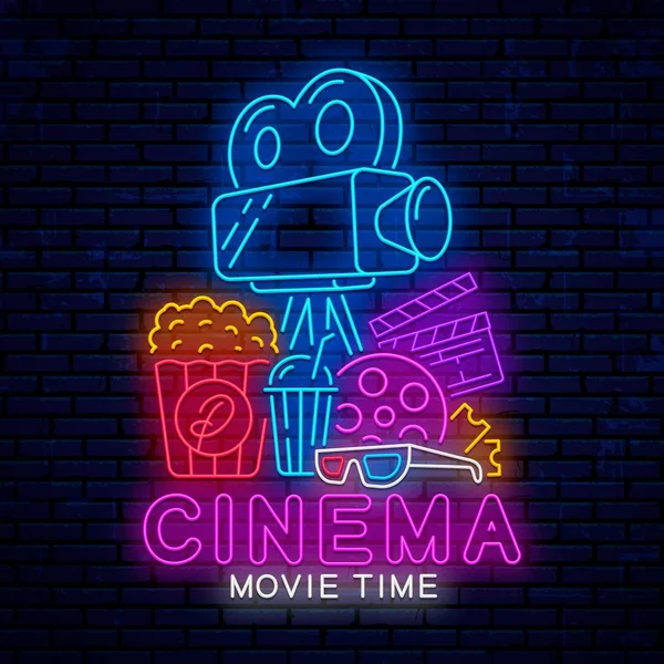 Glowing neon sign for cinema. — Stock Vector