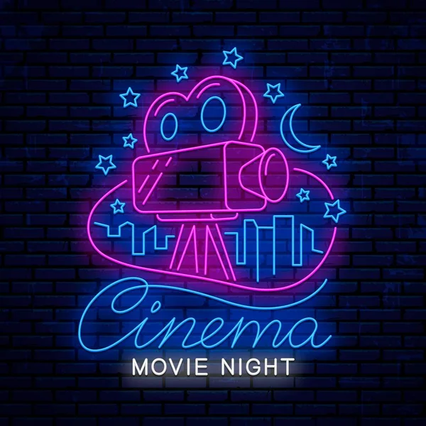 Movie night, bright neon sign. — Stock Vector