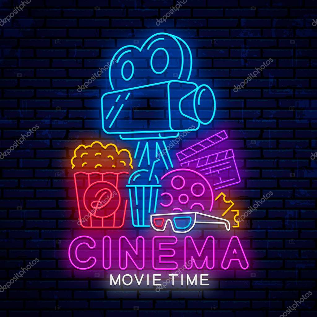 Glowing neon sign for cinema. Modern design for banner, poster, billboard, sign for cinema. Bright neon advertising.