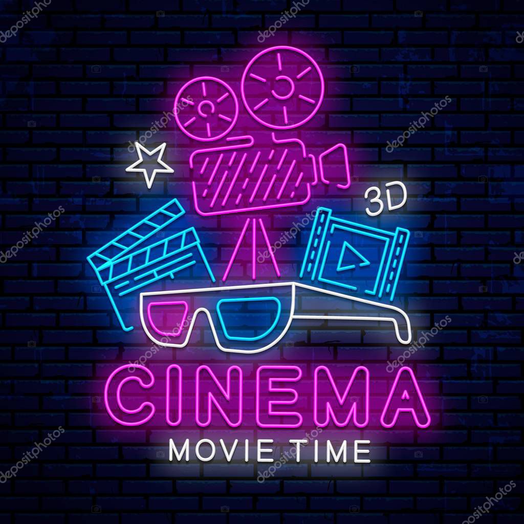 Bright, beautiful neon sign for the cinema. Glowing cinema banner. Bright design template, logo, emblem, label and icon. Ready design for decoration of banners, posters, signboard, billboard.