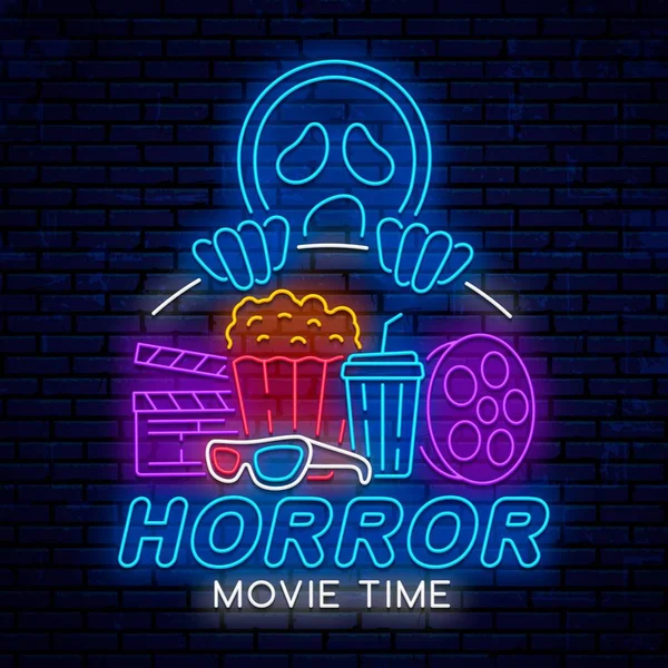 Hora do filme de terror. Sinal de néon noturno . —  Vetores de Stock