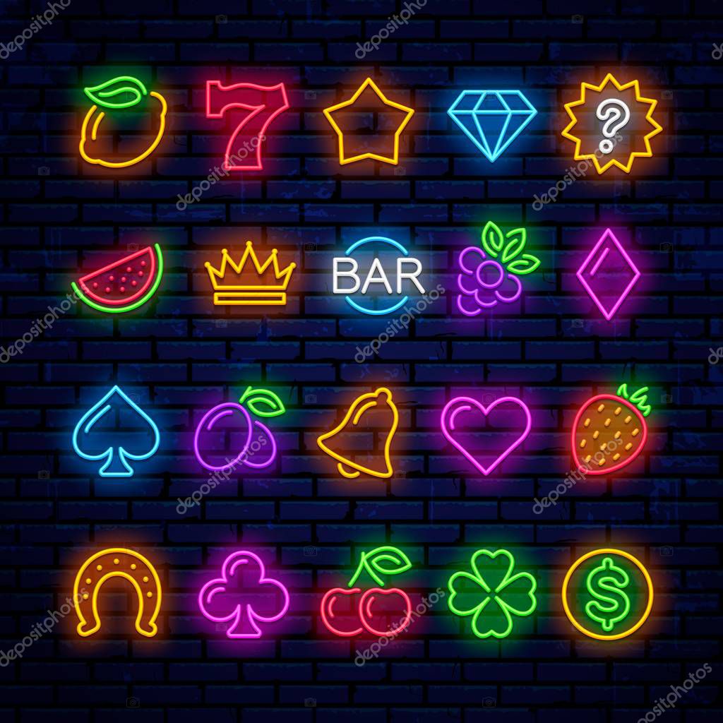 Bright neon icons for casino slot machine. Neon icon, logo, sign for the design of casino advertising, banner, online slot machines, poster, sign and more.