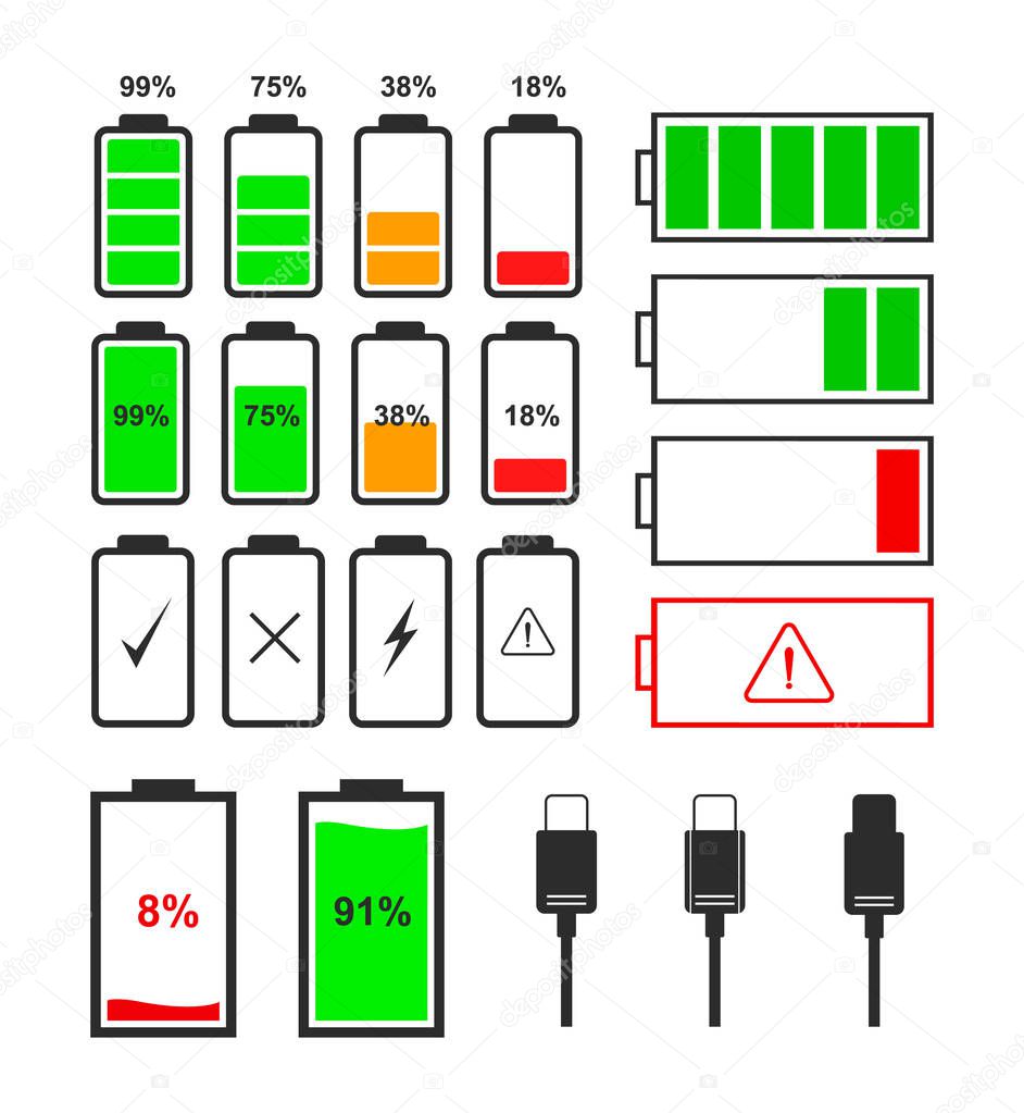 Set of battery level indicator icons.