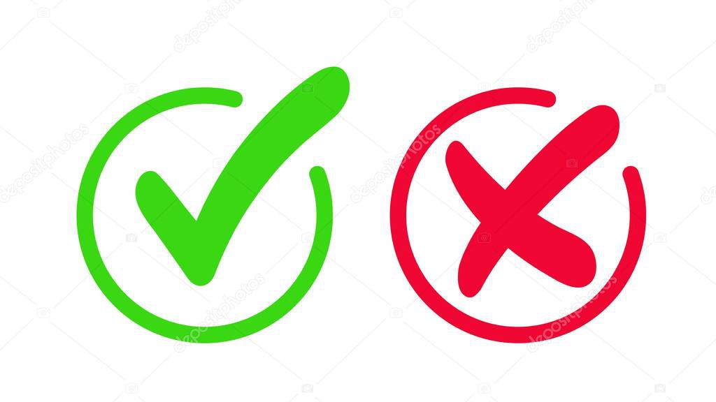 Green check mark, approval mark. Red cross, rejection sign. Green checkmark and red cross icon isolated on white background.