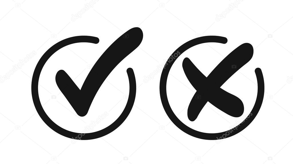 Checkmark and cross in round frame. Icon, sign symbol of approval and rejection. Vector check-mark and cross sign.