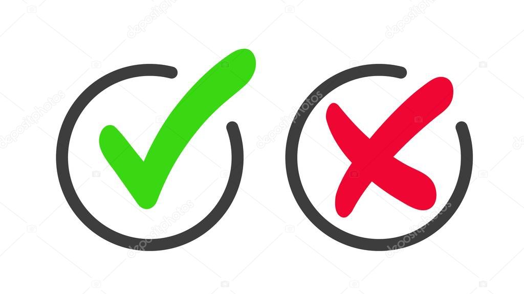 Green checkmark and red cross icon in round frame. Icon approval and rejection isolated on white background.