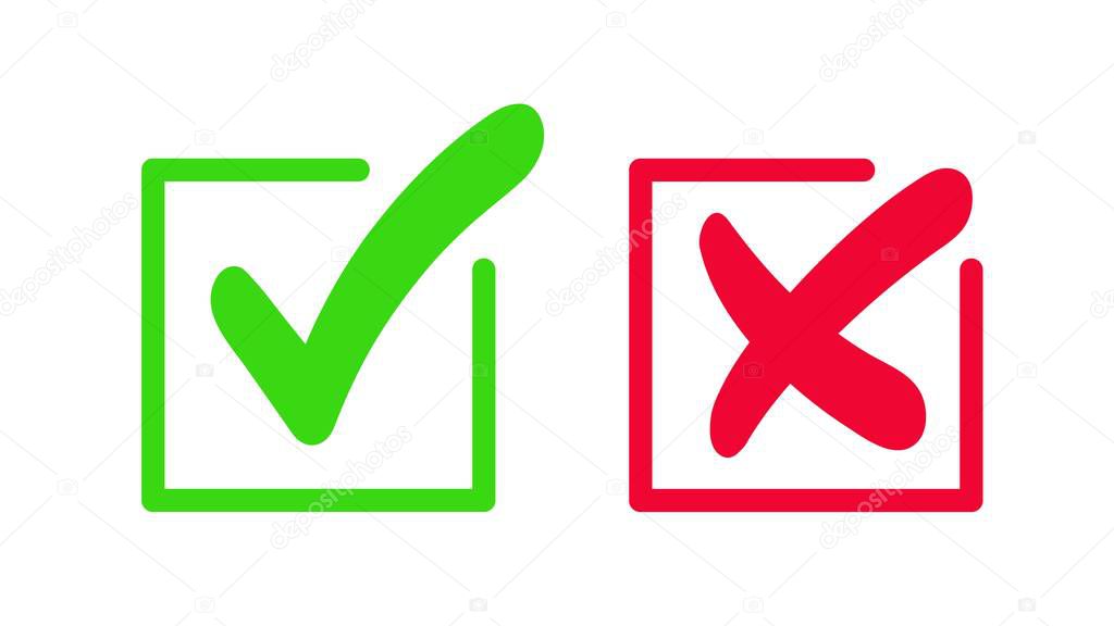Green checkmark and red cross icon isolated on white background. Acceptance and rejection icon. Vector sign, icon, symbol.
