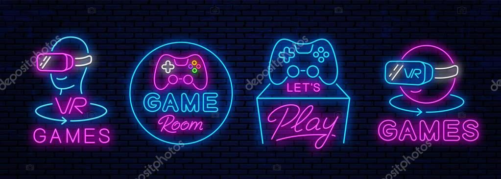 Set of neon icons for decoration in gaming clubs. Vector neon icons, signs for advertising game clubs. Virtual reality and classic.