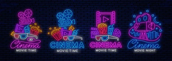 Conjunto de letreros de neón para el cine . — Vector de stock