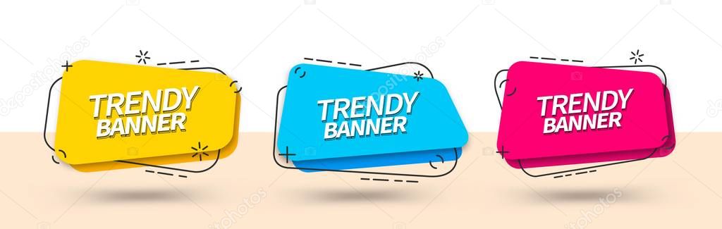 Bright banner templates for use in web and print. Ready templates yellow, blue and red color. Vector trendy banners of square shape.