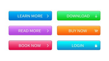 Web sitesi, ui ve oyunlar için modern düğmeler. Beyaz arkaplanda izole edilmiş web düğmeleri.