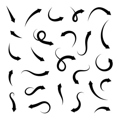 Beyaz arkaplanda izole edilmiş oklar, siyah beyaz vektör sembolleri. Kavram tasarımı için farklı eğri ok simgesi seti. Vektör düz elementler.