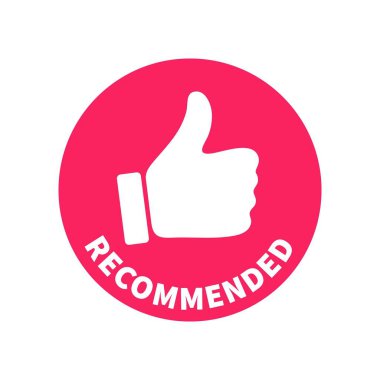 Red round tag banner - Recommended. Vector sign with thumb up and text inscribed in circular shape. Ready concept design element for use in marketing, advertising, print and web. clipart