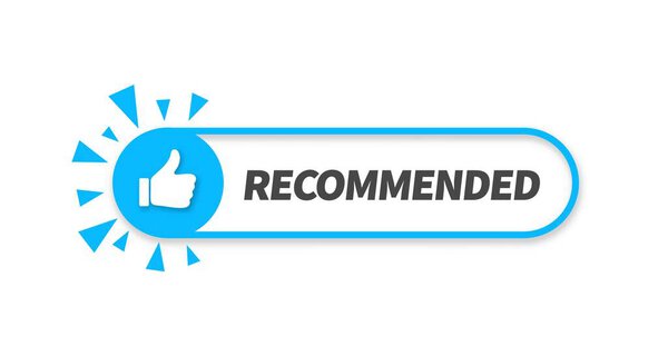 Vector illustration banner recommended with thumb up. Blue web push button with text "recommended" isolated on white background.